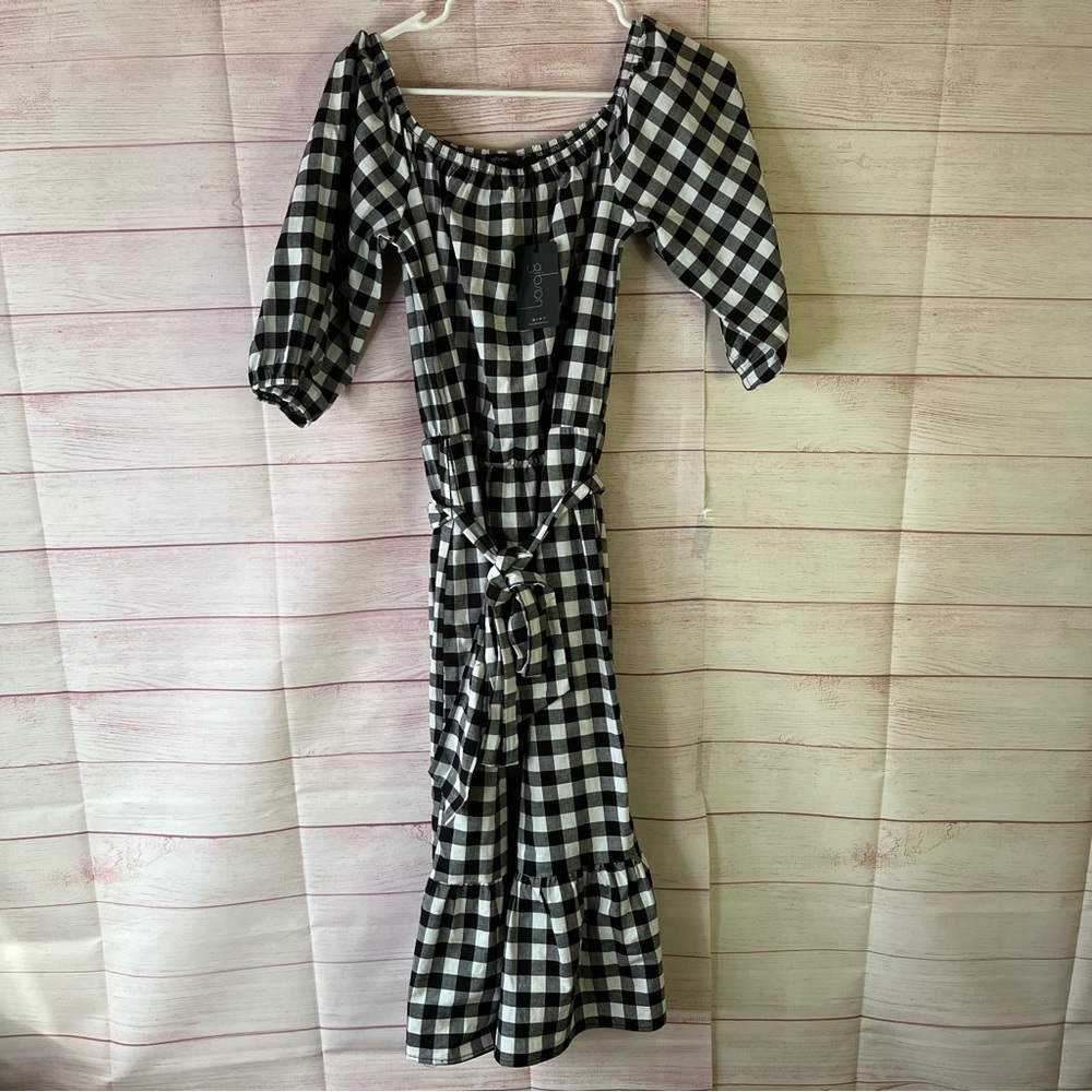 Gibson Black NEW Gingham Seersucker Belted‎ Dress Size Large